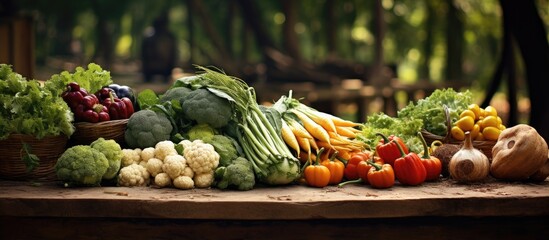 Freshly Harvested Organic Vegetables Displayed on a Rustic Market Table in Natural Sunlight - obrazy, fototapety, plakaty