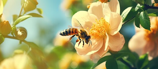 Vibrant Bee Collecting Pollen on a Yellow Rose Petal in a Lush Garden - obrazy, fototapety, plakaty