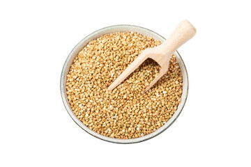 Green buckwheat in a bowl isolated on a white background. Superfood. Raw buckwheat porridge. Healthy vegan food, eco products, diet, organic.