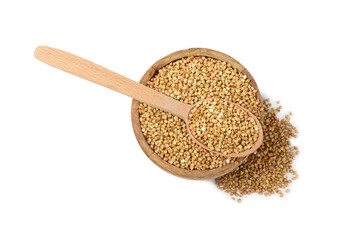 Green buckwheat in a bowl isolated on a white background. Superfood. Raw buckwheat porridge. Healthy vegan food, eco products, diet, organic.