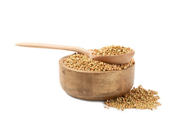 Green buckwheat in a bowl isolated on a white background. Superfood. Raw buckwheat porridge. Healthy vegan food, eco products, diet, organic.