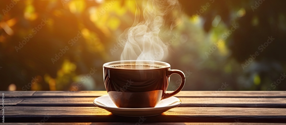 Aufkleber Inviting Morning Vibes: A Hot Espresso in a Rustic Setting of Wooden Table