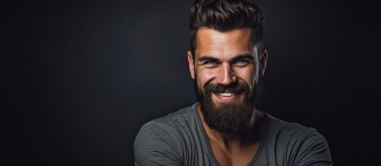 Joyful Bearded Man with Infectious Smile and Grey Shirt Radiates Positivity