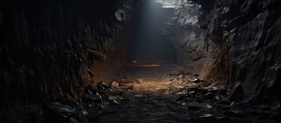 Mysterious underground cave with beams of light illuminating the darkness