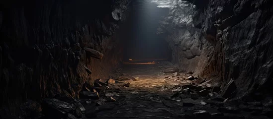 Poster Mysterious underground cave with beams of light illuminating the darkness © HN Works