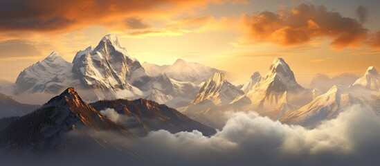 Majestic Snowy Mountain Peak Illuminated by Golden Sunrise in Low Clouds