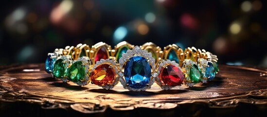 Fototapeta na wymiar Exquisite Bracelet Adorned with Colorful Diamonds and Precious Gemstones - Luxury Jewelry Design