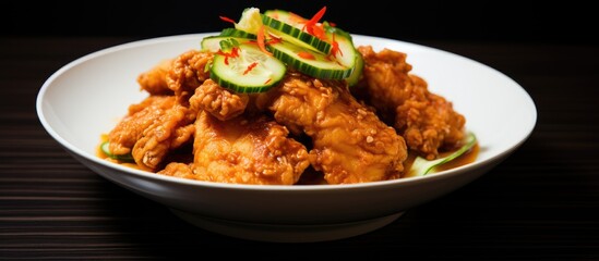 Delicious Salted Egg Chicken Dish with Crispy Texture and Fresh Cucumber Garnish