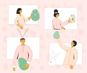 Easter exchange gifts present event. Young people with eggs, bunny ears celebration spring holiday together online. Friends take part on Easter egg hunt party. Vector flat illustration