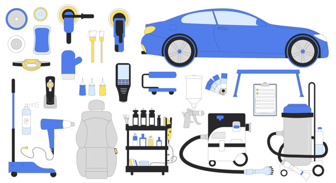Car detailing equipment set. Vector illustration kit of isolated automobile service tools. Polish, vacuum wash painting waxing dry cleaning leather repair body and interior