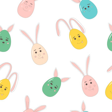 Easter eggs with bunny ears seamless pattern. Painted spring holiday symbols endless background. Vector illustration