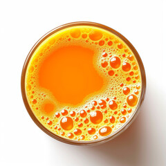 Tropical fruit juice in a glass, top view, featuring a vibrant orange color and bubbles, isolated...