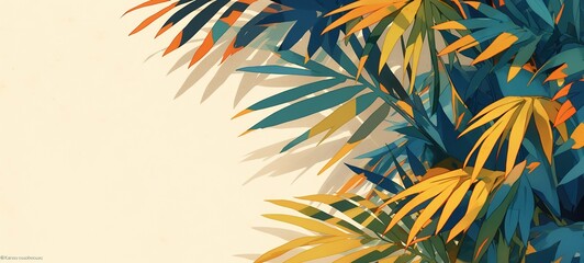 Fototapeta na wymiar spring summer background illustration, green tropical palm branch on background, shadow and light play style, Ai Generated 