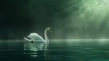 A graceful swan gliding on a serene lake, its white feathers contrasting against a rich emerald green backdrop.