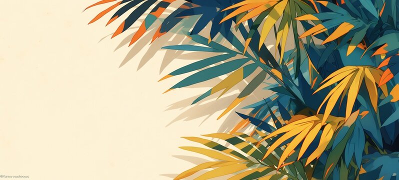spring summer background illustration,  green tropical palm branch on background, shadow and light play style,  Ai Generated 