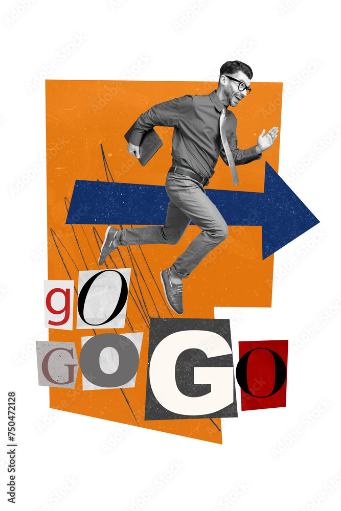 Aufkleber Vertical collage image of mini black white effect excited guy hold netbook run go big arrow indicator isolated on creative background