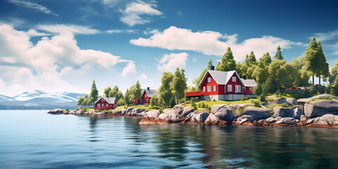 Scenic Norwegian Landscape featuring Iconic Red Cottage ,Charming Norwegian Countryside Retreat