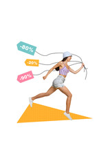 Vertical advertisement photo collage of hurry running girl carry ropes pricetags big percent discount shopaholic isolated on grey background