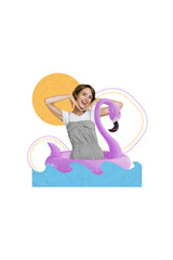 Creative collage photo advertisement swimming pool resort waves girl wear inflatable lifebuoy ring flamingo isolated on yellow background