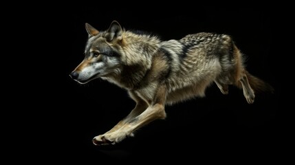 Fototapeta premium Wolf jump on a black background. Flying animal.