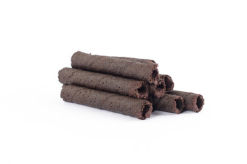 Chocolate flavor wafer roll isolated on white background