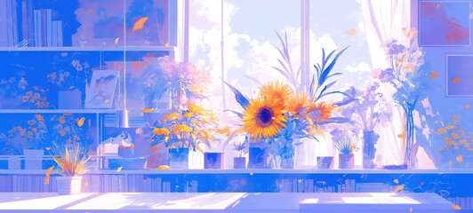 spring summer background illustration, apartment or house living  room decorated with sunflower posy and pot plant, Ai Generated
