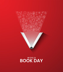 World book day, open book with flying education instrument,  International literacy day, book, calculator, pen, apple and education icon, design for banner, poster, 3D Illustration.