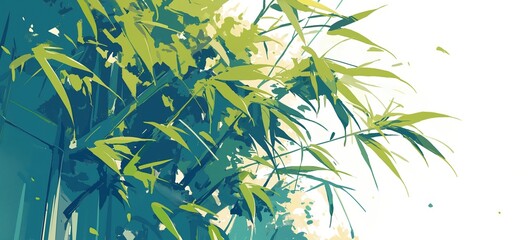 spring summer background illustration,  green tropical bamboo tree branch on background, shadow and light play style,  Ai Generated 