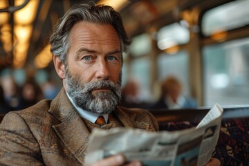 A vintage businessman in a suit reading a newspaper confidently in a bus.