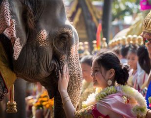 Girl with traditional costume and elephant in Songkran festival at Thailand - obrazy, fototapety, plakaty