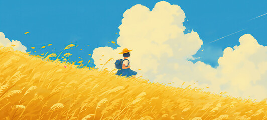 spring summer background illustration, school girl walk passing golden rice field on hill with blue clear sky background, Ai Generated