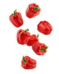 Falling sweet Pepper, Paprika, isolated on white background, full depth of field