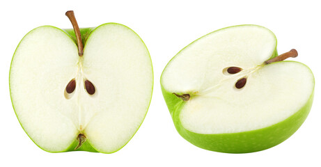 Green juicy apple slice isolated on white background, full depth of field