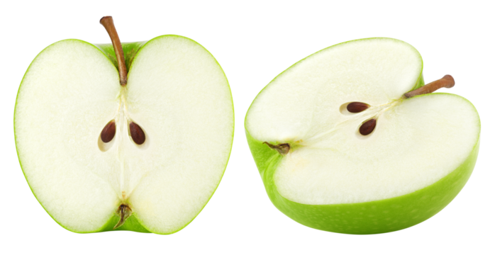 Green juicy apple slice isolated on white background, full depth of field