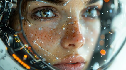 The cyborg woman has abstract science and technology backgrounds.