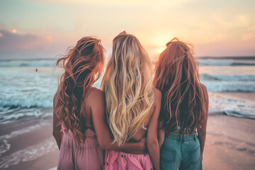 Three girl friends share a moment of pure joy and happiness at the beach during sunset