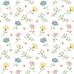 Floral repeat texture for textile or wrapping paper. Vector seamless pattern with simple blooning abstract flowers and hearts. Summer wallpaper.