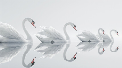 A group of elegant swans gliding gracefully on a calm lake, their white feathers mirrored against a pure white background. - Powered by Adobe