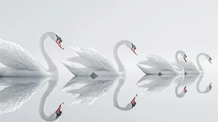 Poster A group of elegant swans gliding gracefully on a calm lake, their white feathers mirrored against a pure white background. © Artist