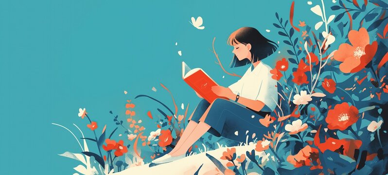 grungy texture illustration, pretty woman relaxing reading book in spring flower blossoming garden, spring and summer reading vibe theme, Ai Generated