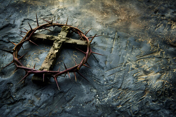 Crown of thorns of Jesus Christ and Christian cross - obrazy, fototapety, plakaty