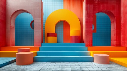 Explore the essence of simplicity with 3D geometric shapes in primary colors where clean lines and negative space tell a story of elegance - obrazy, fototapety, plakaty