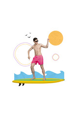 Magazine painting template collage of sportive guy enjoying summer weekend on exotic island fast speed surfing