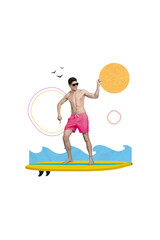 Magazine painting template collage of sportive guy enjoying summer weekend on exotic island fast...