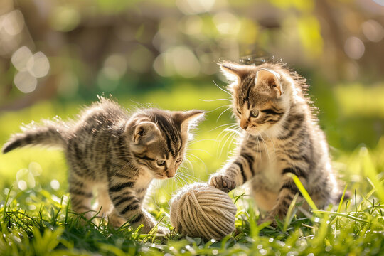 Cute little kittens playing with ball of yarn on green grass