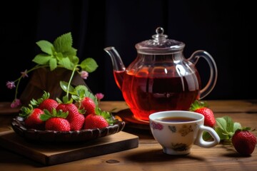 Obraz na płótnie Canvas Fruit tea with strawberries on a wooden table