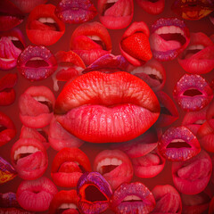 Artwork with sensual lips. Abstract sexy lip on red. Lips and mouth. Female lip in red background. Woman lips.