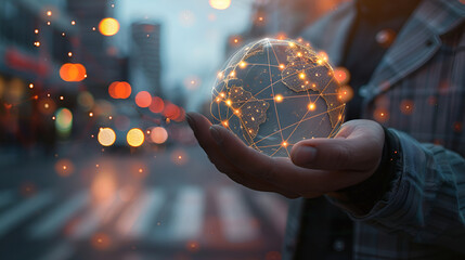 Hands holding circular globe of Earth, containing information and data, in luminous 3D model...