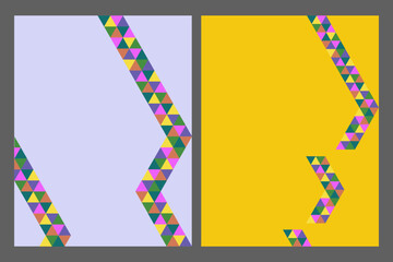 Geometric background for presentations, stripes of triangles, arrow of triangles, on a yellow and light purple background.