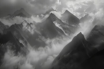 Mountains and rocks shrouded in fog